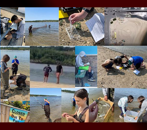 Brady Bunch Style Photos of Students Doing science at the beach