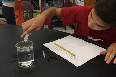 student measuring liquid in a beaker